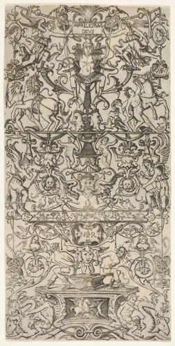 Vertical ornament panel with Mars by Nicoletto da Modena, print, 1500-1510