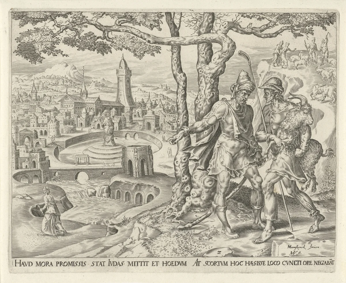 Juda geeft Chira de opdracht om de prostituee te zoeken by Unknown, print, 1564-1568