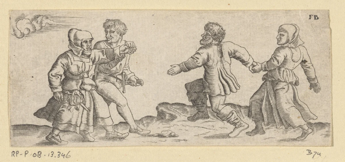 Twee dansende boerenparen by Unknown, print, 1559-1596
