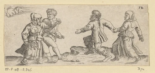 Twee dansende boerenparen by Unknown, print, 1559-1596