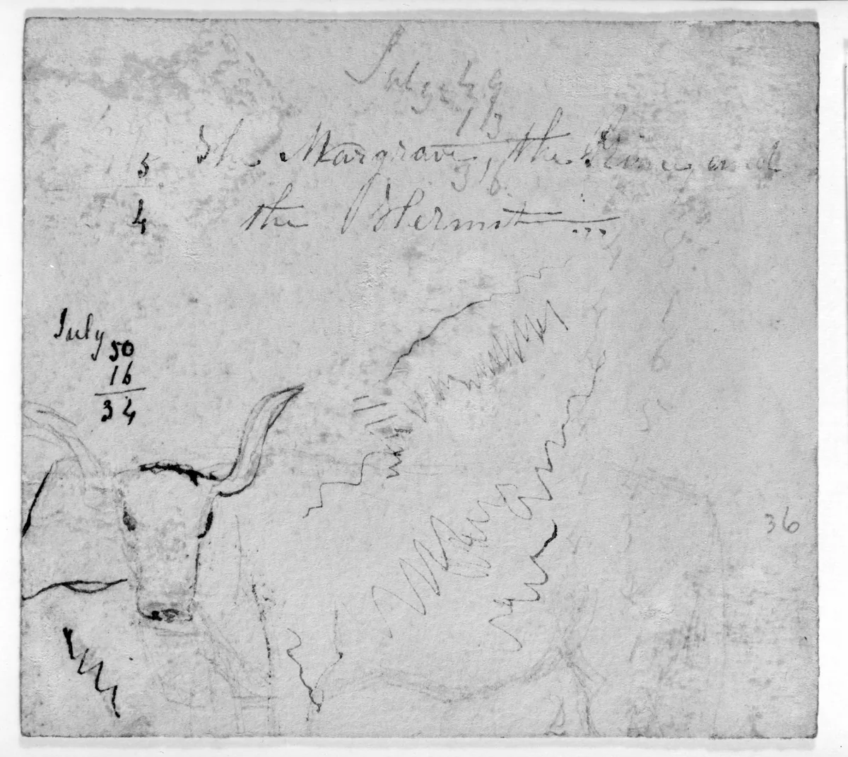 Mathmatical Computaions; Sketch of a Steer; Partial Unidentified Text (from Sketchbook) by James McNeill Whistler, artwork, 1854-1855