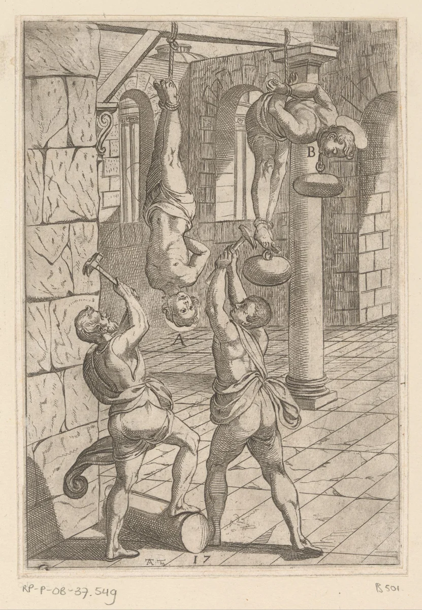 Foltering met hamers terwijl hangend by Unknown, print, 1565-1630