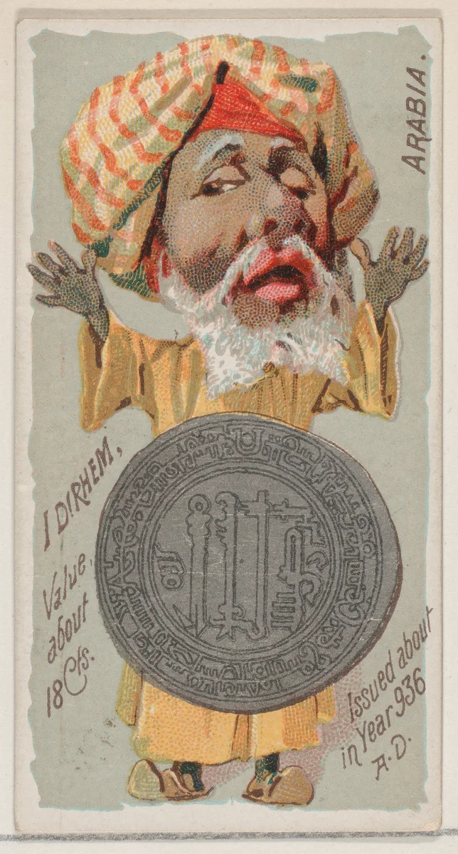 Caricatured Arabian, 1 Dirhem, from the series Coins of All Nations (N72, variation 2) for Duke brand cigarettes by W. Duke, Sons & Co., print, 1889