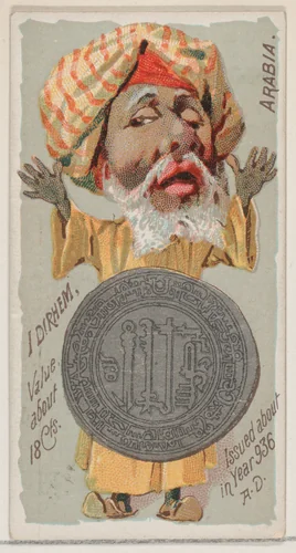 Caricatured Arabian, 1 Dirhem, from the series Coins of All Nations (N72, variation 2) for Duke brand cigarettes by W. Duke, Sons & Co., print, 1889