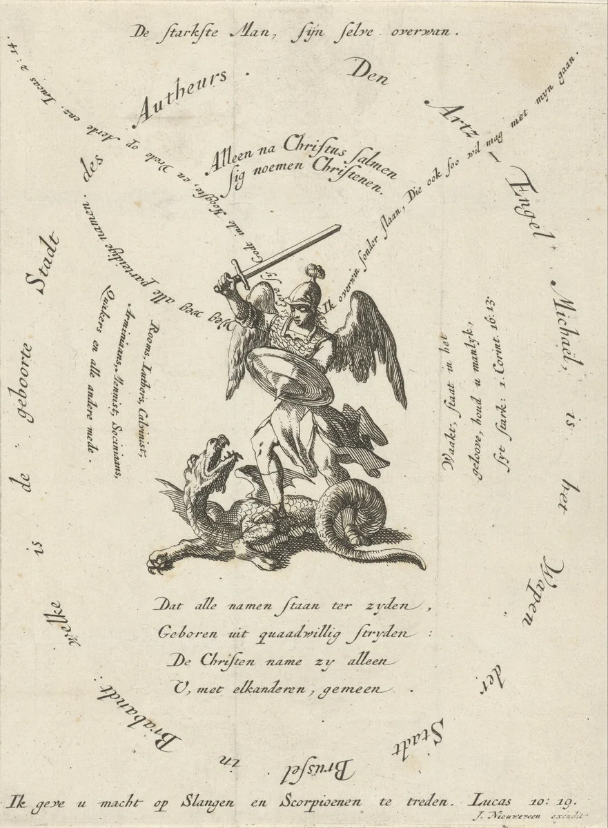 Aartsengel Michaël doodt de draak, rondom verschillende opschriften by Jan Luyken, print, 1694