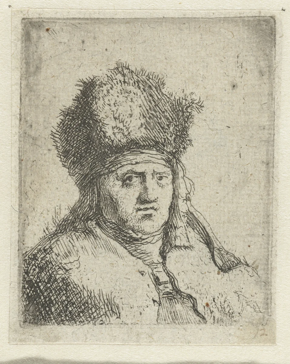Borstbeeld van een man met bontmuts by Jan Lievens, print, 1625-1674