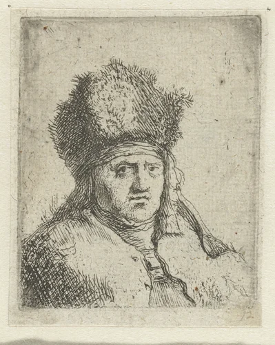 Borstbeeld van een man met bontmuts by Jan Lievens, print, 1625-1674
