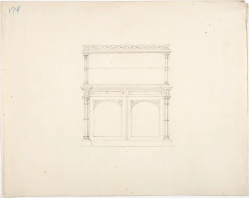 Design for a Gothic Style Mirrored Cabinet by anonymous, drawing, 1800-1850