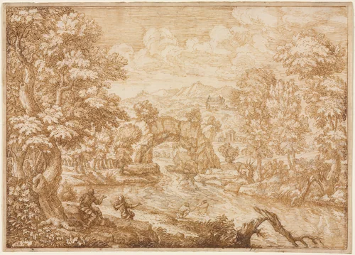 River Landscape with Arched Rock by Crescenzio di Onofrio, drawing, 1650-1699