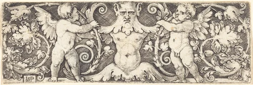 Ornament with Male Half Figure Between Two Genii by Sebald Beham, print, 1525-1530