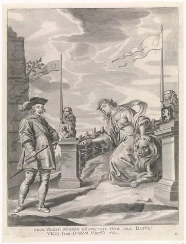 Ferdinand ontvangt van de stedenmaagd van Gent de sleutels van de stad by Pieter de Jode, print, 1636