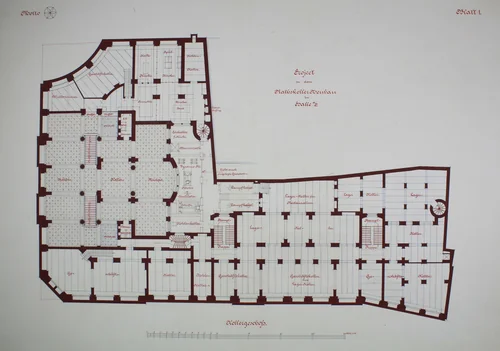 Rathskeller Neubau, Halle (Saale), Saxony-Anhalt, Germany, Basement Plan by Peter J. Weber, drawing, 1882-1892
