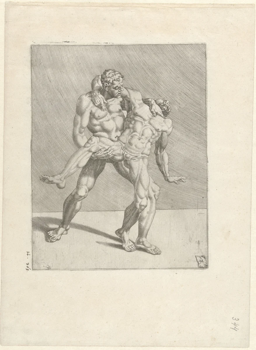 Twee worstelaars by Dirck Volckertsz. Coornhert, print, 1552