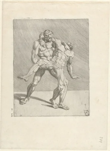 Twee worstelaars by Dirck Volckertsz. Coornhert, print, 1552