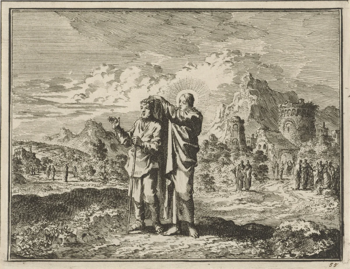 Christus geneest een blinde man by Jan Luyken, print, 1712