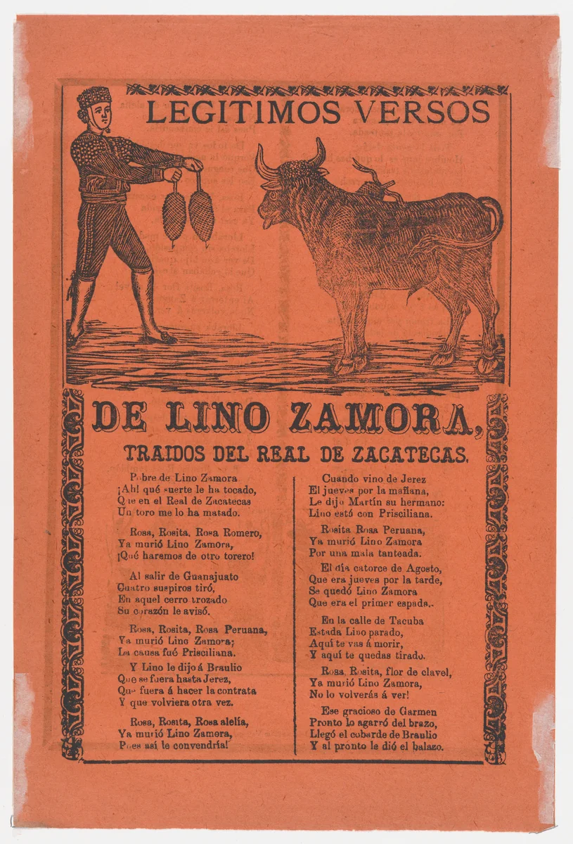 Broadside (recto) true verses about Lino Zamora from Real de Zacatecas (image of banderillero and bull by Manilla), and a funeral scene on verso (possibly by Posada) by Manuel Manilla, print, 1902