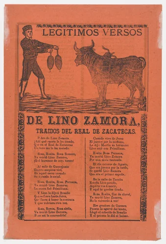 Broadside (recto) true verses about Lino Zamora from Real de Zacatecas (image of banderillero and bull by Manilla), and a funeral scene on verso (possibly by Posada) by Manuel Manilla, print, 1902
