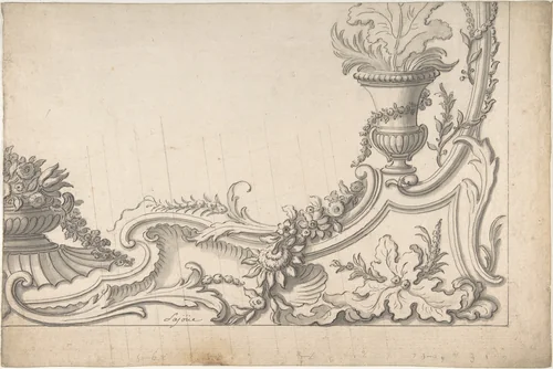 Design for the Corner of a Decoration (recto); Sketch of Monumental Building with Four Temple-Front Entrances (verso) by Jacques de Lajoüe, drawing, 1720-1740