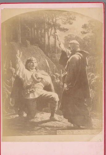Fotoreproductie van de tekening door Arthur Grottger uit de serie Litouwen, voorstellende een man die een eed aflegt by anonymous, photograph, 1870-1890