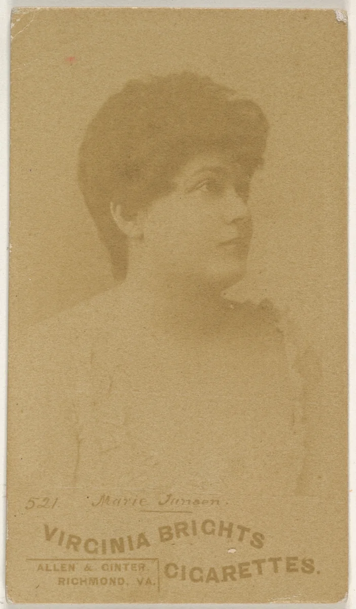 Card 521, Marie Jansen, from the Actors and Actresses series (N45, Type 6) for Virginia Brights Cigarettes by Allen & Ginter, photograph, 1885-1891