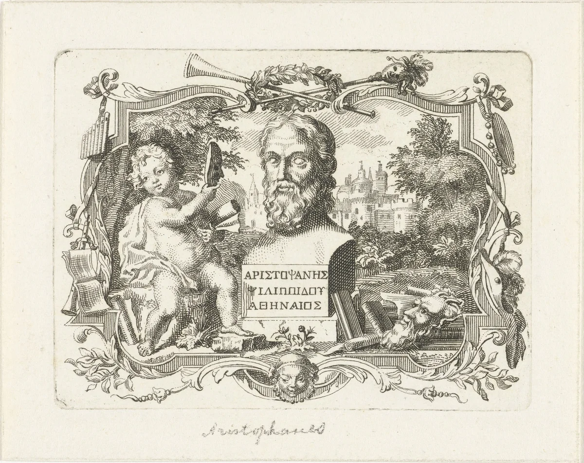 Buste van Aristophanes en putto met masker, in cartouche by Abraham Delfos, print, 1759