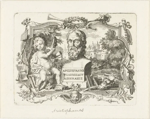 Buste van Aristophanes en putto met masker, in cartouche by Abraham Delfos, print, 1759