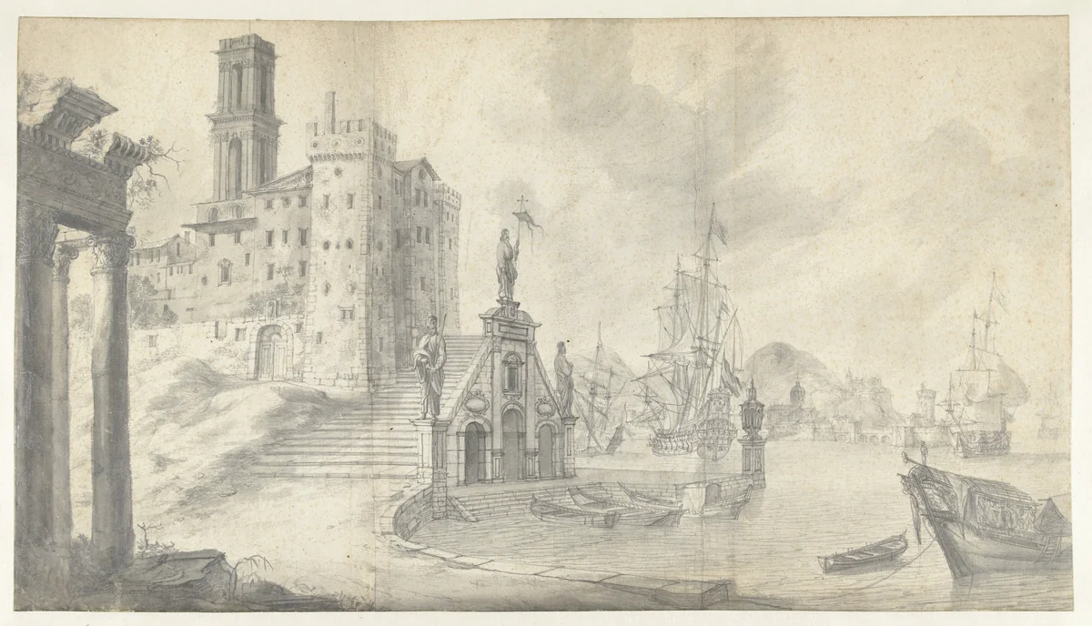Havengezicht in stad aan de Middellandse Zee by Jan Abrahamsz. Beerstraten, drawing, 1632-1666