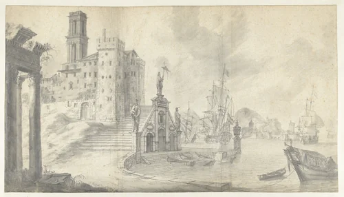 Havengezicht in stad aan de Middellandse Zee by Jan Abrahamsz. Beerstraten, drawing, 1632-1666