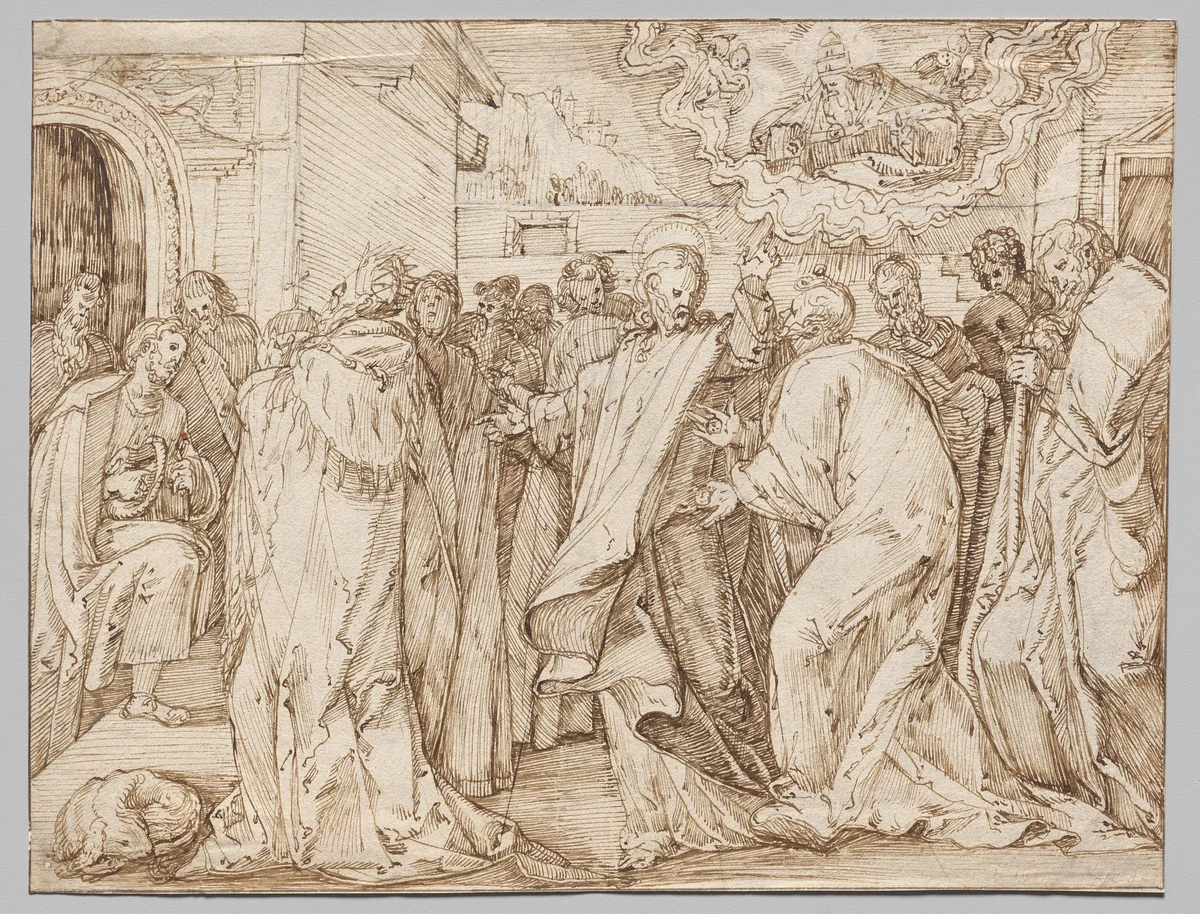 The Parable of the Tribute Money by Master of the Egmont Albums, drawing, 1580-1600