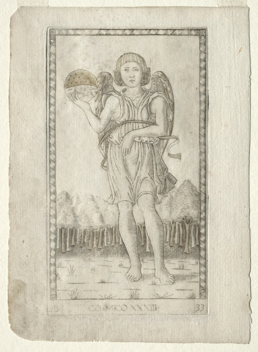 Genius of the World (from the Tarocchi, series B: Cosmic Principles & Virtues, #33) by Master of the E-Series Tarocchi, print, 1457-1467