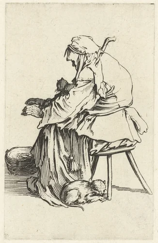 Zittende bedelares met twee katten bij een ketel met hete kooltjes by Jacques Callot, print, 1622-1623