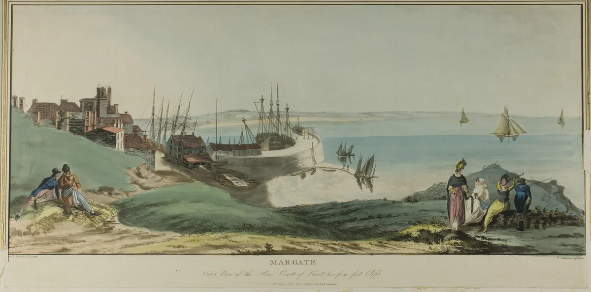 Margate, Outer View of the Pier, Coast of Kent, and from Fort Cliffs by John Raphael Smith, print, 1805