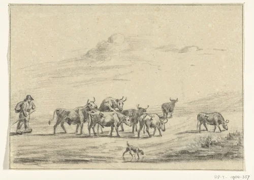 Koeiendrijver met een groep runderen by Jean Bernard, drawing, 1775-1833