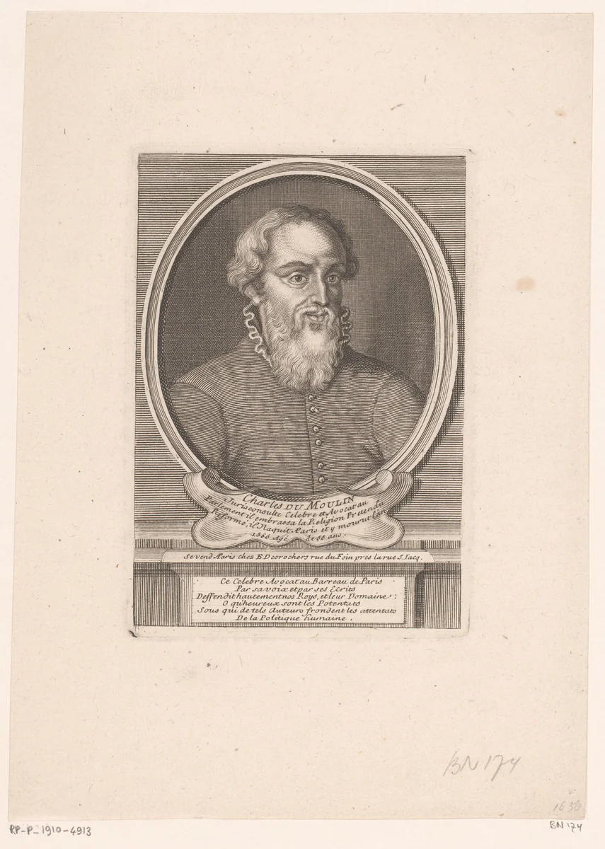 Portret van Charles Dumoulin by Étienne Desrochers, print, 1726