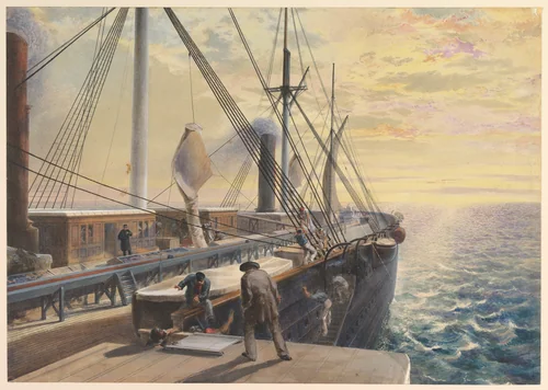 View, Looking Aft, from the Port Paddle Box of the Great Eastern, Showing the Trough for the Cable, etc. by Robert Charles Dudley, drawing, 1865-1866