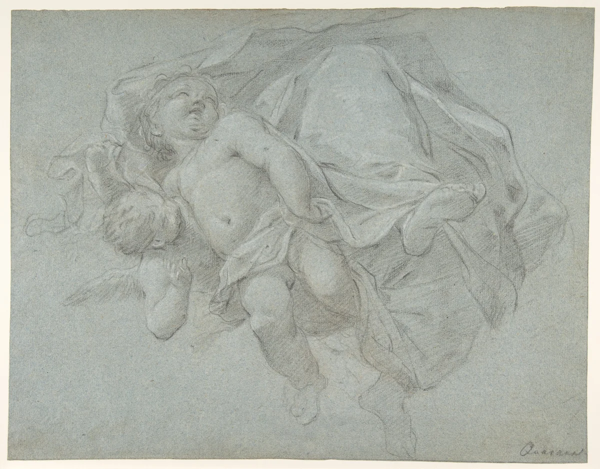 Two Putti Supporting the Lower Part of a Draped Figure (recto); Two Putti (verso) by Jacopo Guarana, drawing, 1720-1808