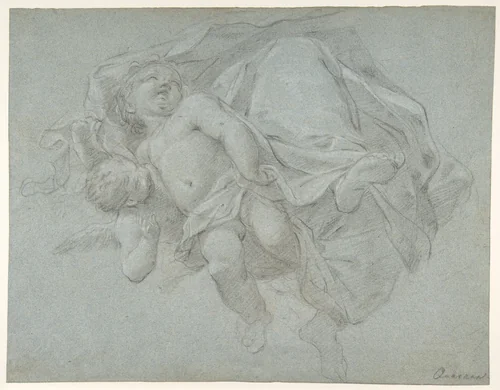 Two Putti Supporting the Lower Part of a Draped Figure (recto); Two Putti (verso) by Jacopo Guarana, drawing, 1720-1808