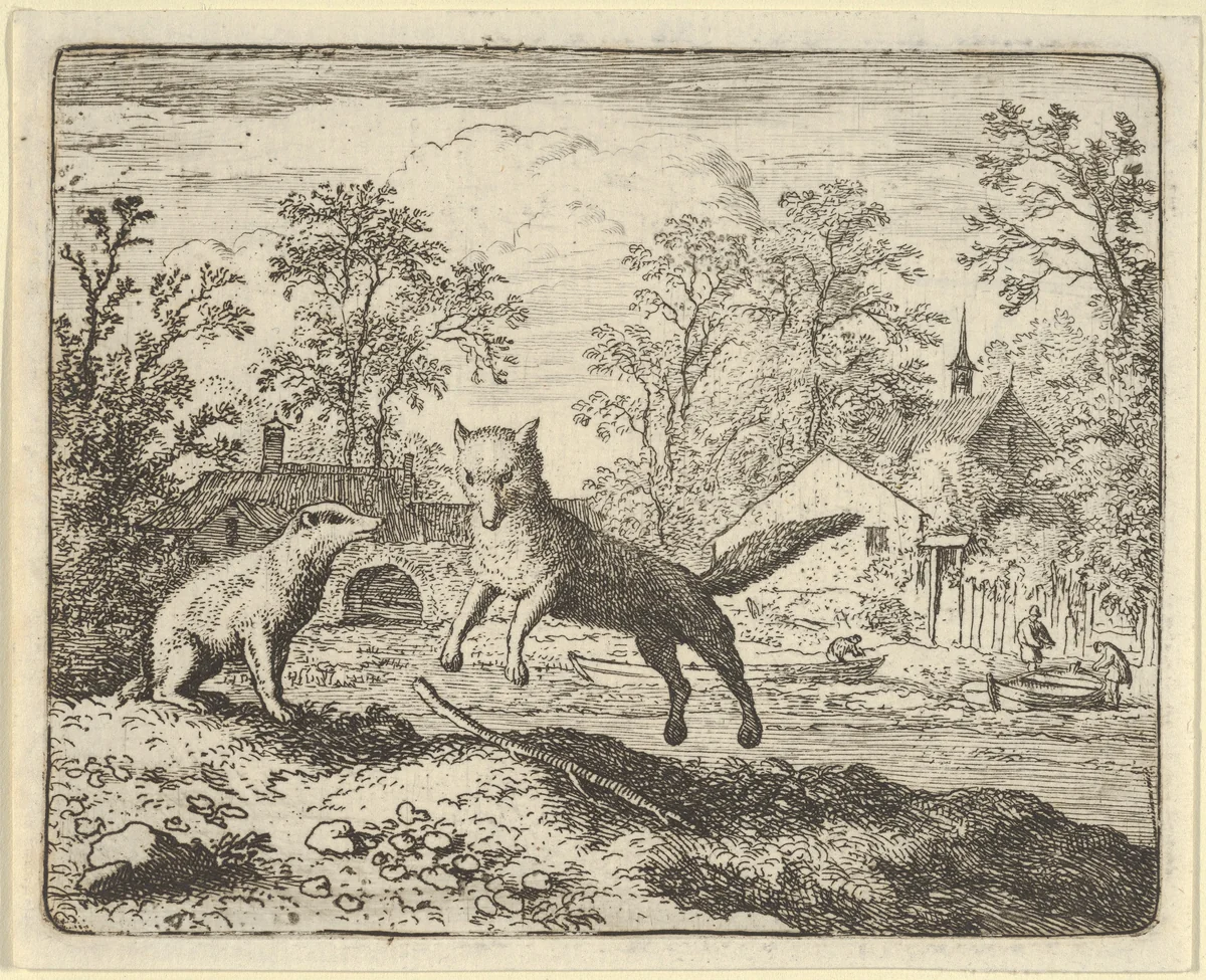 The Badger Imposes as Punishment to Jump Three Times Over a Stick on the Ground from Hendrick van Alcmar's Renard The Fox by Allart van Everdingen, print, 1650-1675