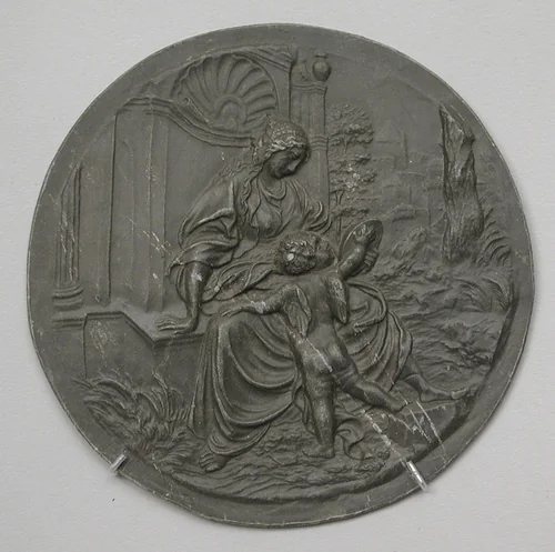 Prudence seated with an amorino and a mirror by Peter Flötner, metalwork, 1500-1599