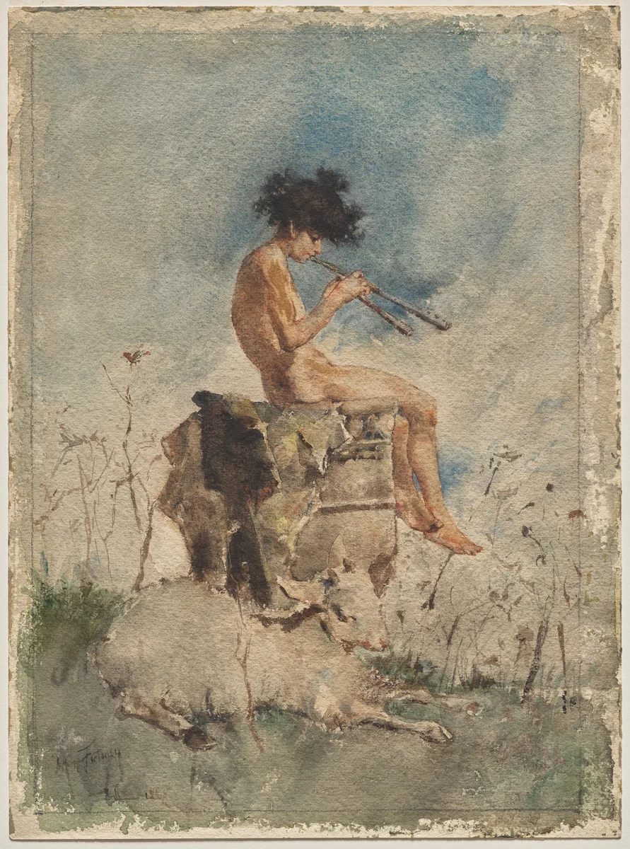 The Pipes of Pan by Mariano Fortuny, drawing, 1865