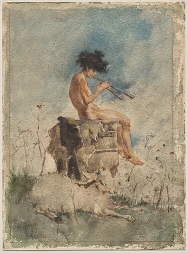 The Pipes of Pan by Mariano Fortuny, drawing, 1865