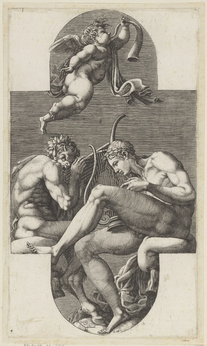 Apollo, Pan en een putto die op een hoorn blaast by Unknown, print, 1530-1582