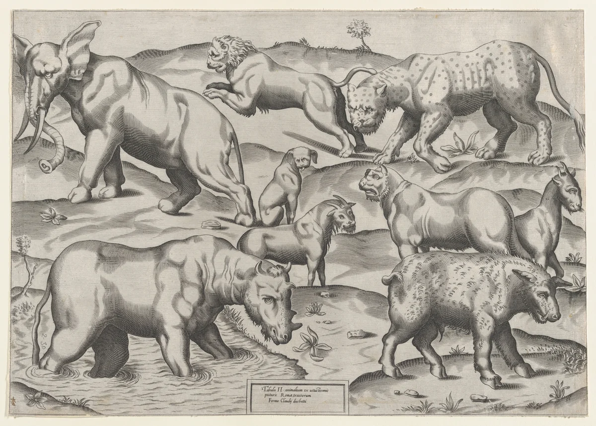 Wild Animals, from antique wall paintings, plate 2, from "Speculum Romanae Magnificentiae" by anonymous, print, 1565-1585