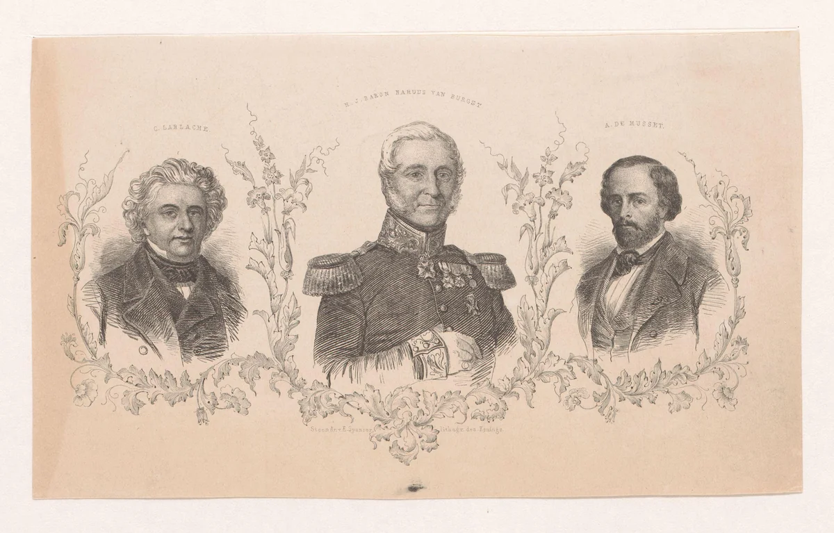 Portretten van Luigi Lablache, Huibert Gerard Nahuys van Burgst en Alfred de Musset by anonymous, print, 1831-1863