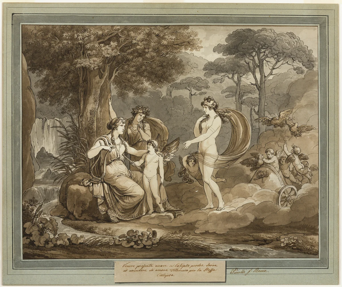 Venus Presents Cupid to Calypso, from The Adventures of Telemachus, Book 7 by Bartolomeo Pinelli, drawing, 1808