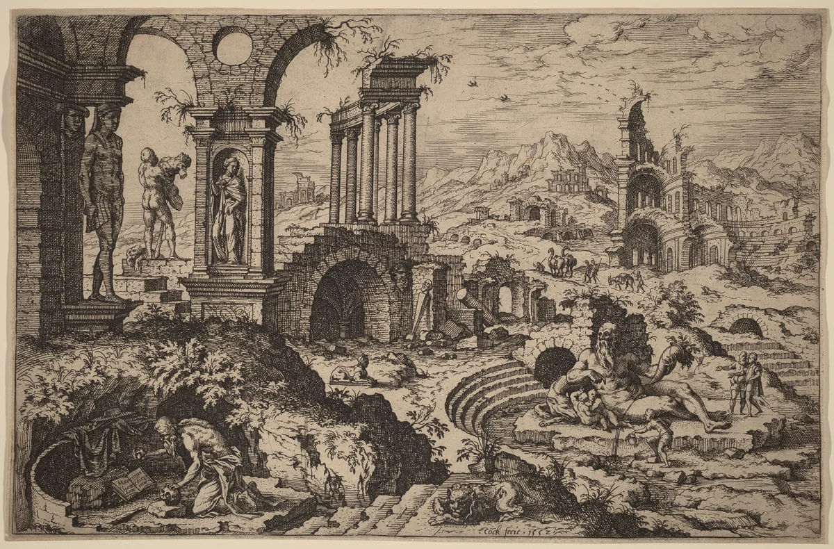 Saint Jerome in a Landscape with Ruins by Hieronymus Cock; Maerten van Heemskerck, print, 1552