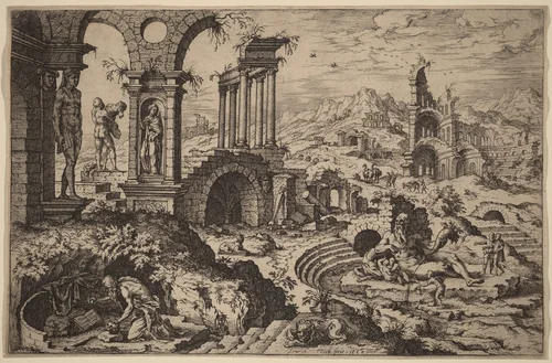 Saint Jerome in a Landscape with Ruins by Hieronymus Cock; Maerten van Heemskerck, print, 1552