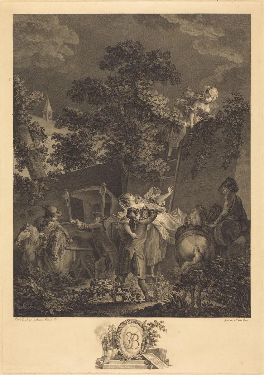 L'enlevement nocturne by Nicolas Ponce Pierre Antoine Baudouin, print, 1780