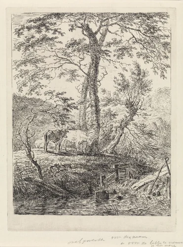 Landschap met twee koeien bij bomen en een beek by Gerard van Nijmegen, print, 1790