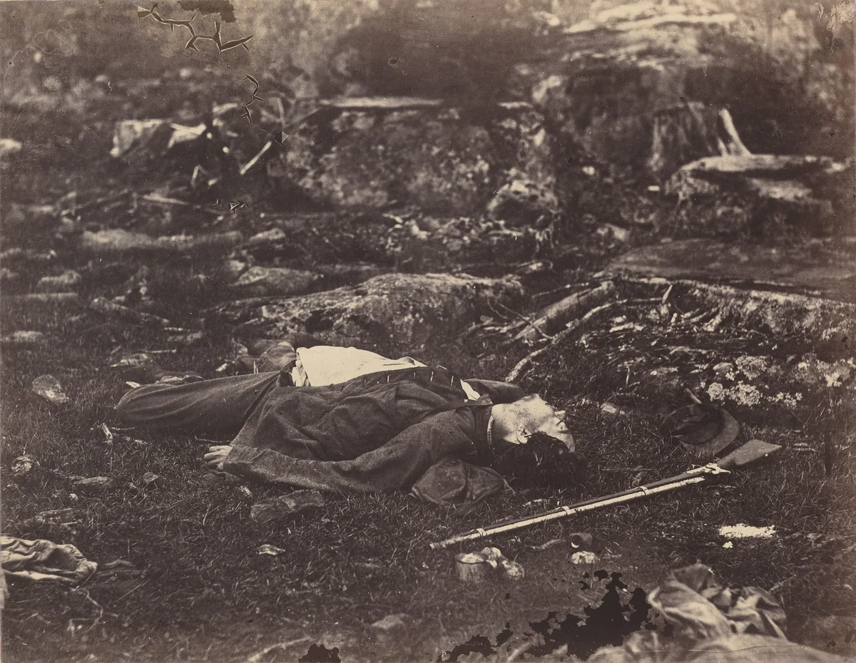 A Sharpshooter's Last Sleep, Gettysburg, Pennsylvania by Alexander Gardner, photograph, 1863